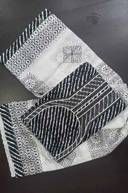 White and Black Cambric Leheriya dress material