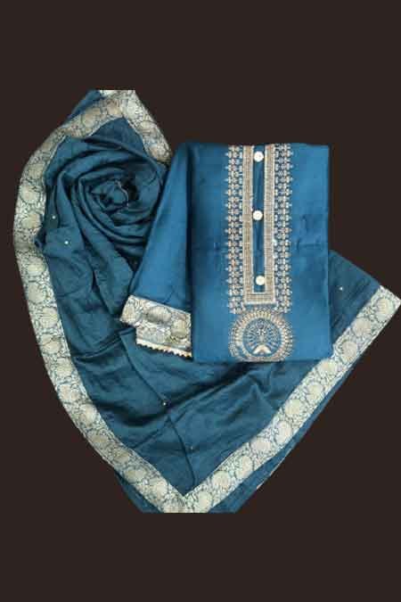 Navy Blue Banarasi Unstitched Dress Material Suit