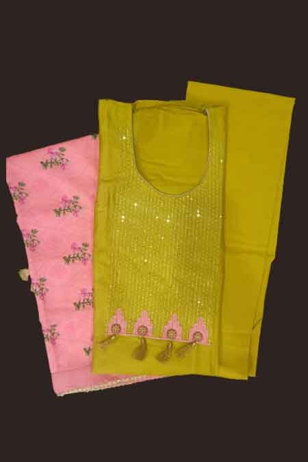 Ladies Unstitched Dress Material Olive green and pink